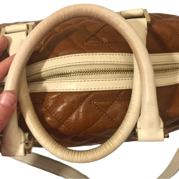 Tory Burch brown quilted leather satchel bag with crossbody strap